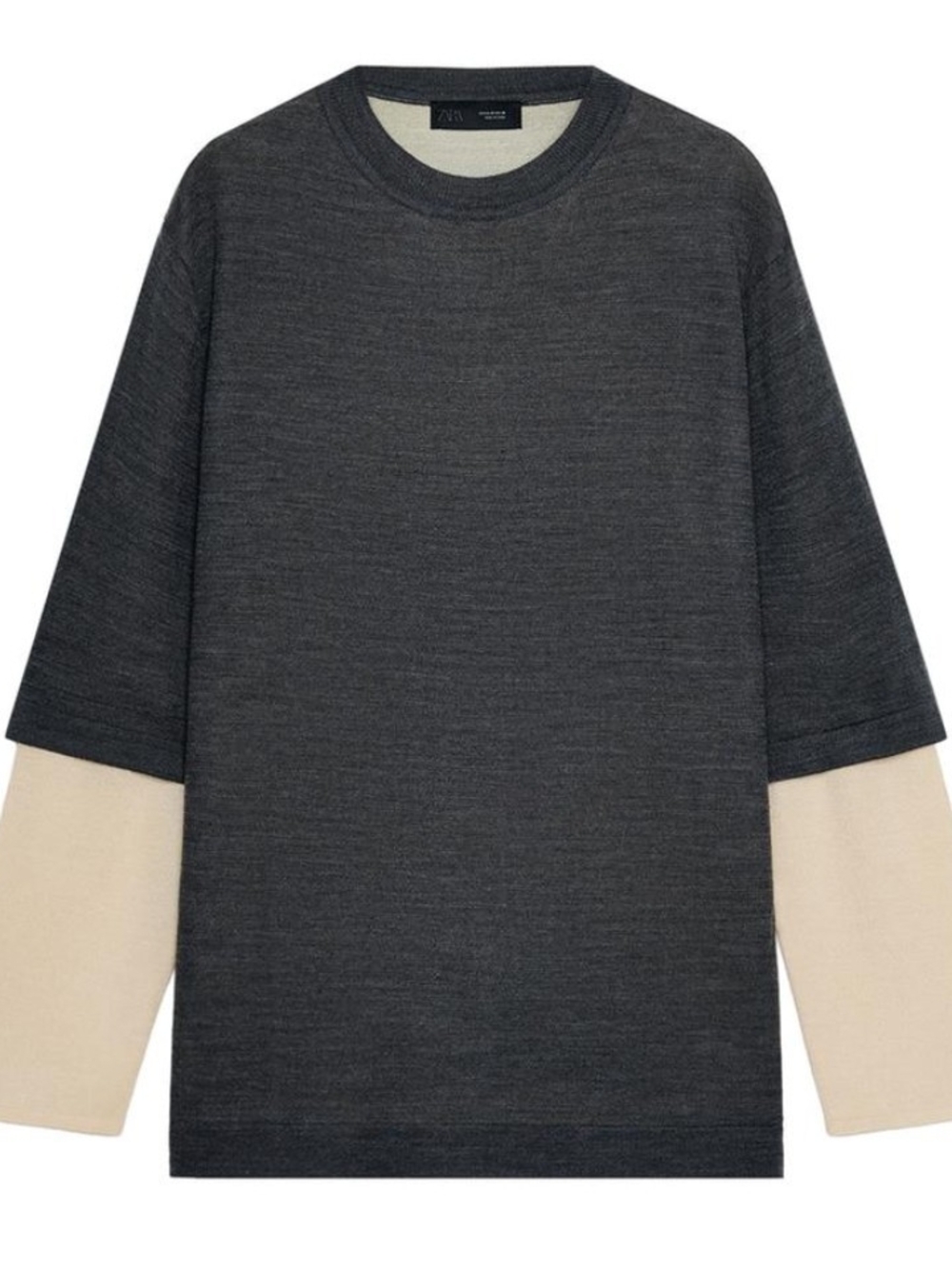 NWT Zara Double Layer Laine Wool Blend Long Sleeve Shirt In Dark Gray/Cream - S